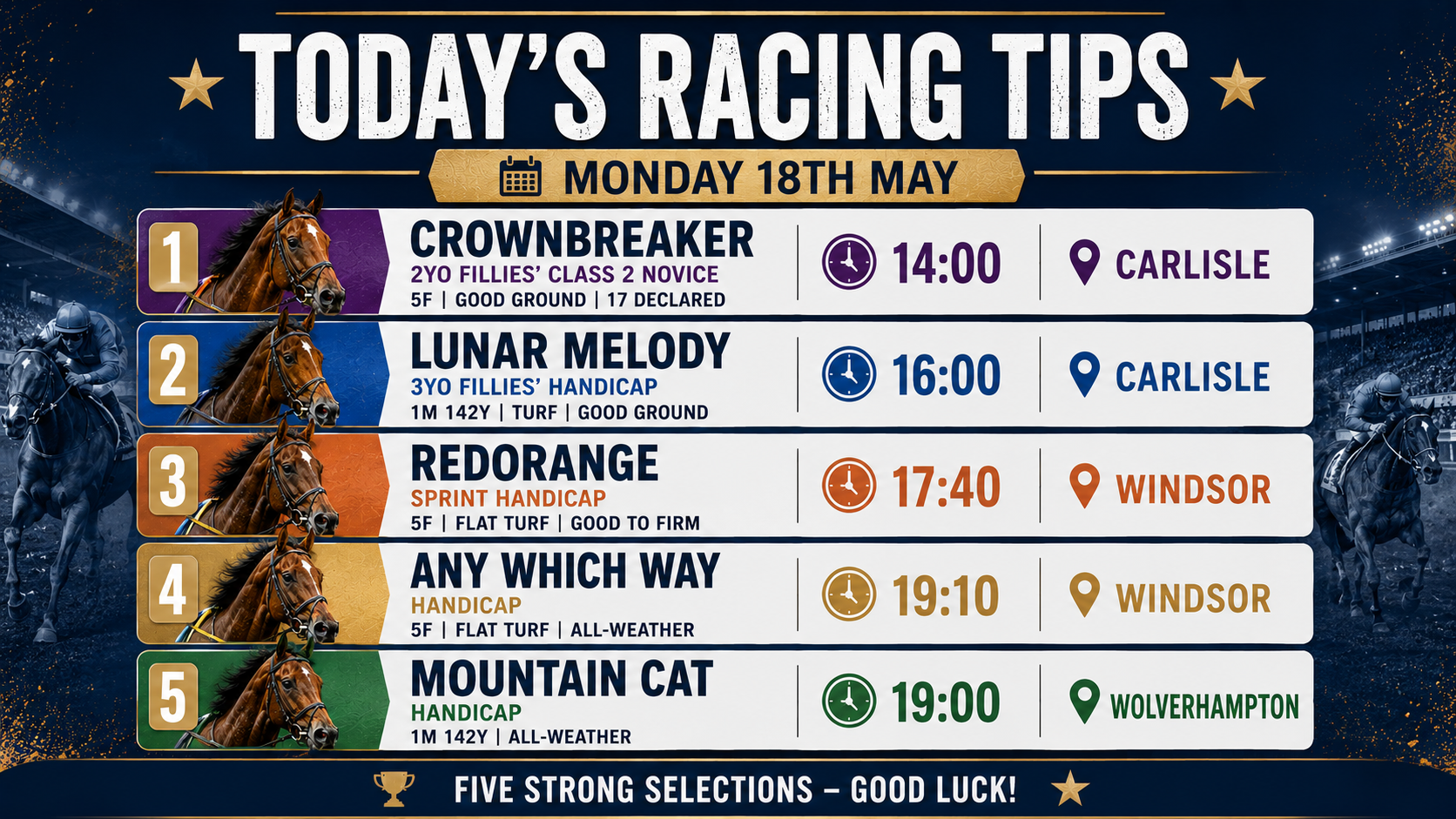 Todays Free Horse Racing Tips - Monday 18th May